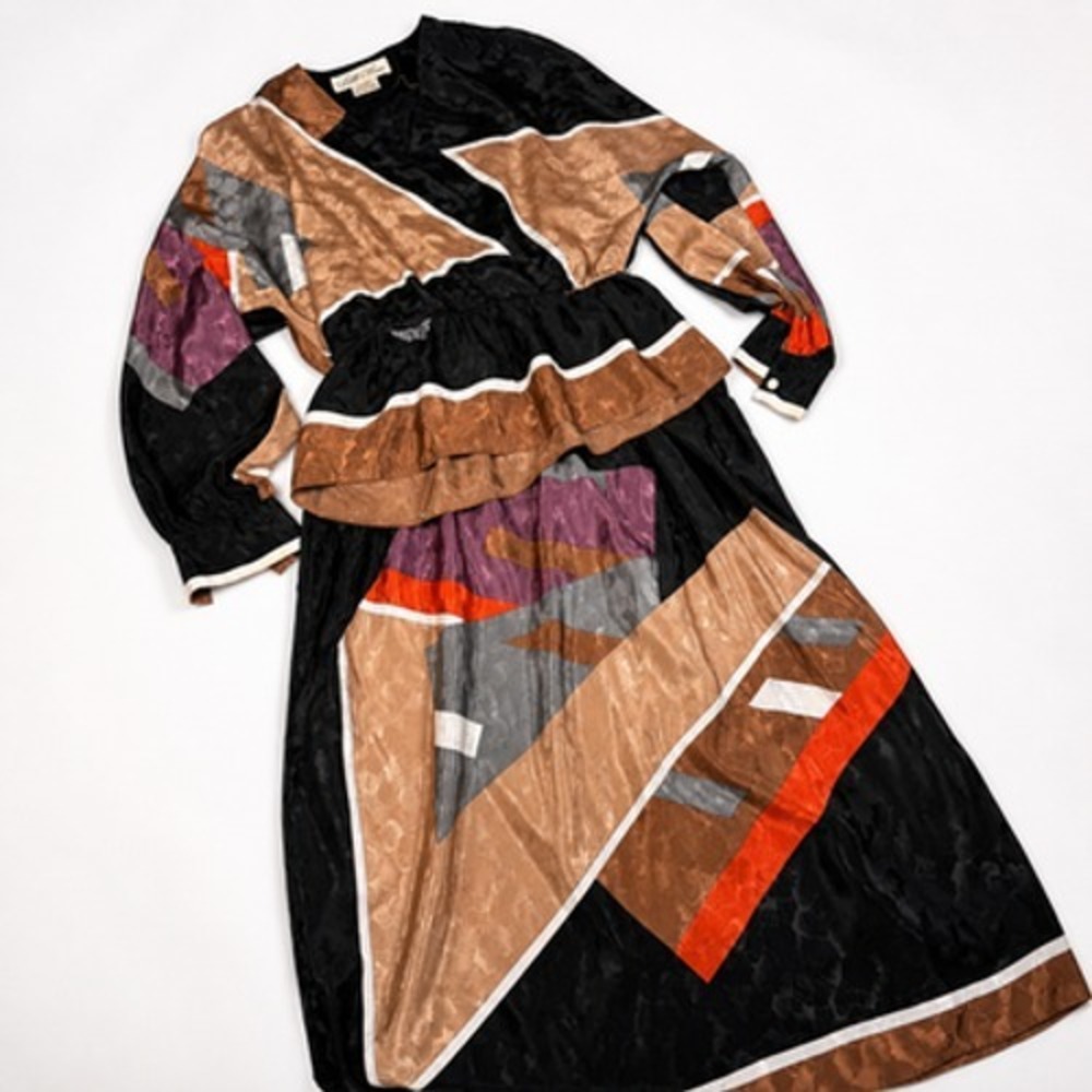 Vintage Lilli Ann Top Skirt Set Womens Large Multicolor Jacquard Geometric 80s